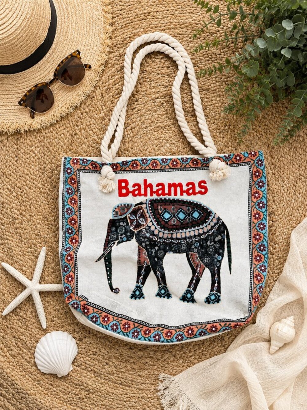 Bahamas Elephant Tote Bag Boho Beach Vacation Rope Handle Shoulder Bag